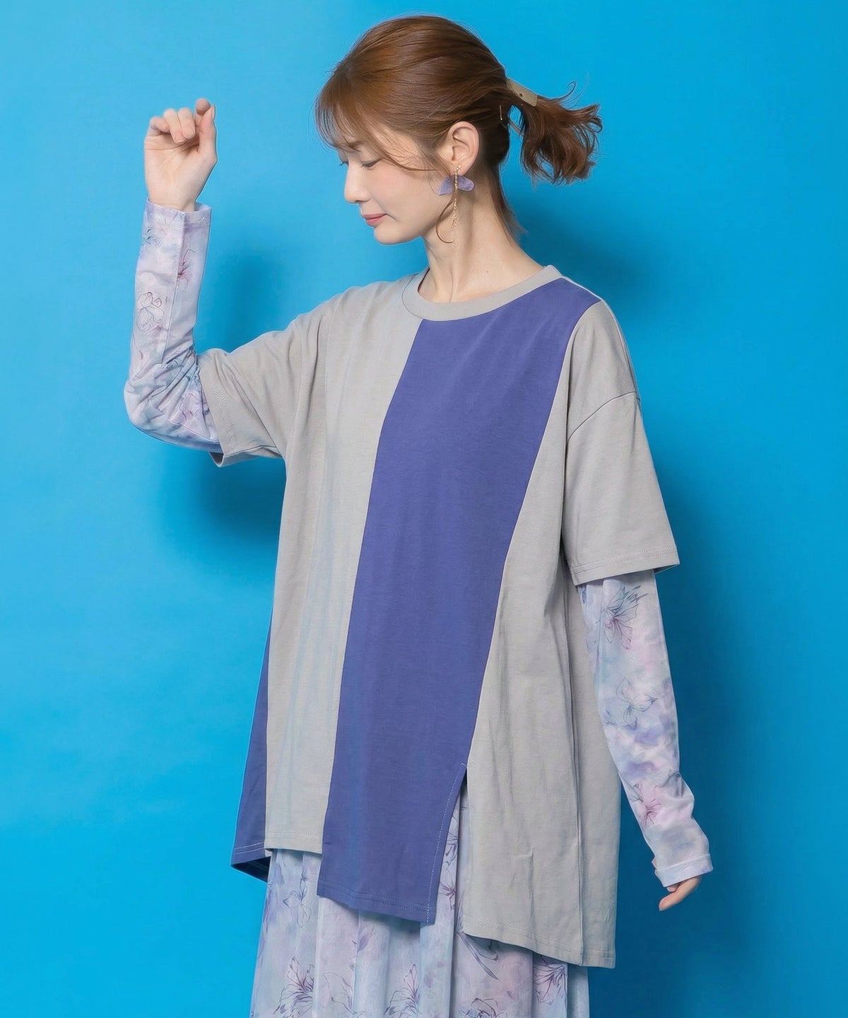 背面刺繍配色チュニック×マーブル柄ワンピセット-2