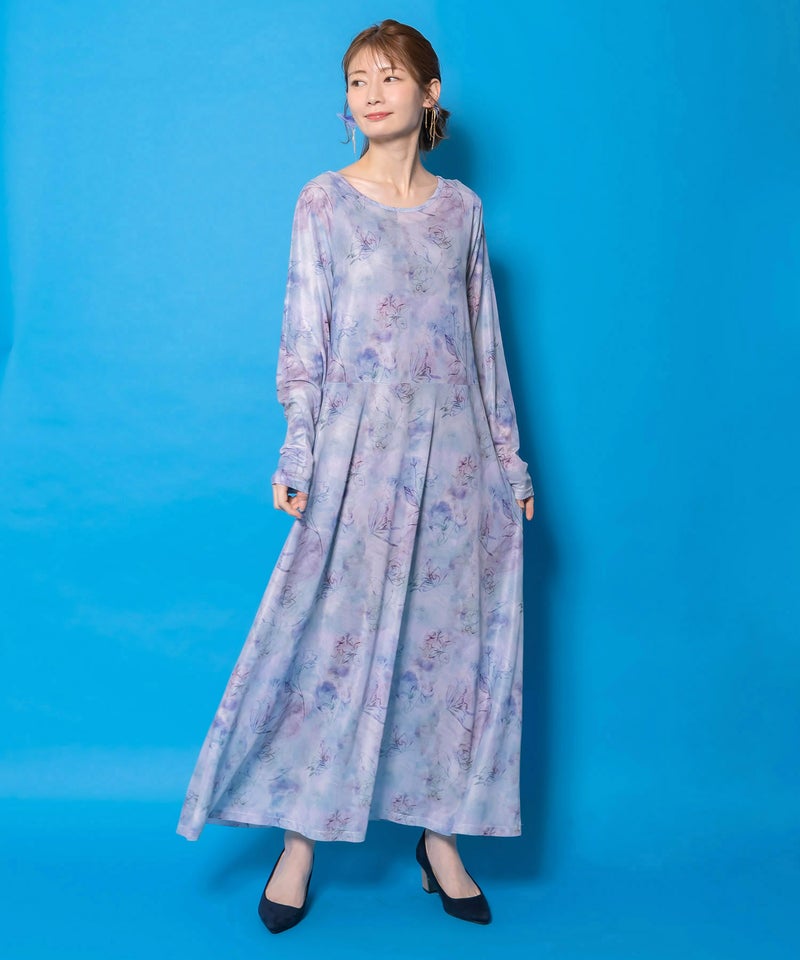 背面刺繍配色チュニック×マーブル柄ワンピセット-4