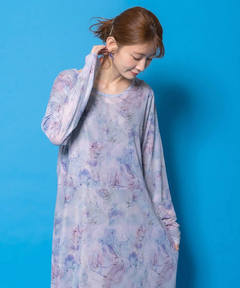 背面刺繍配色チュニック×マーブル柄ワンピセット-5