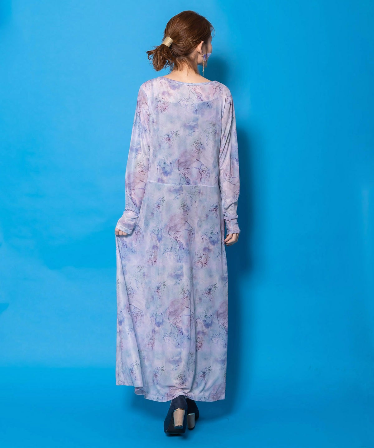 背面刺繍配色チュニック×マーブル柄ワンピセット-7