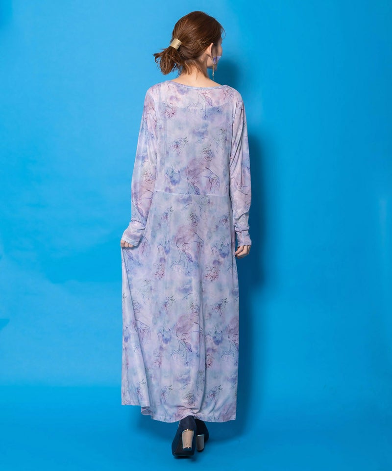 背面刺繍配色チュニック×マーブル柄ワンピセット-7