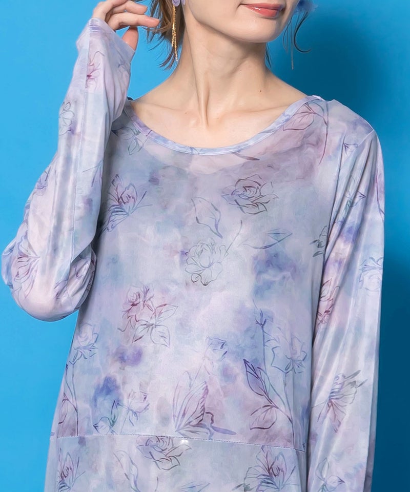 背面刺繍配色チュニック×マーブル柄ワンピセット-8