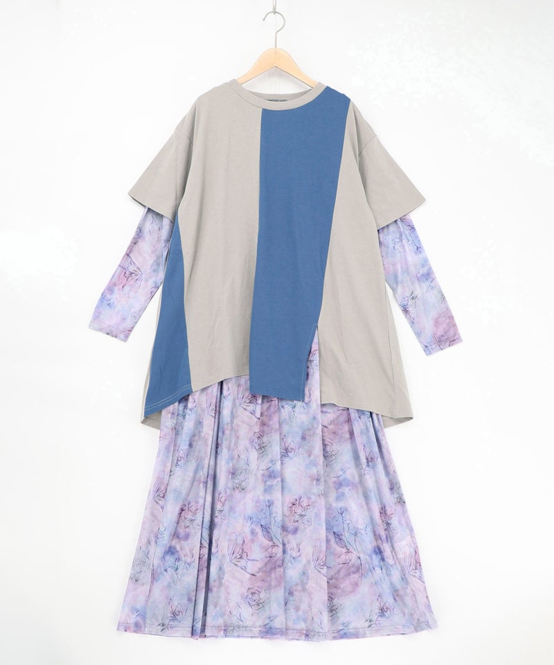 背面刺繍配色チュニック×マーブル柄ワンピセット-11