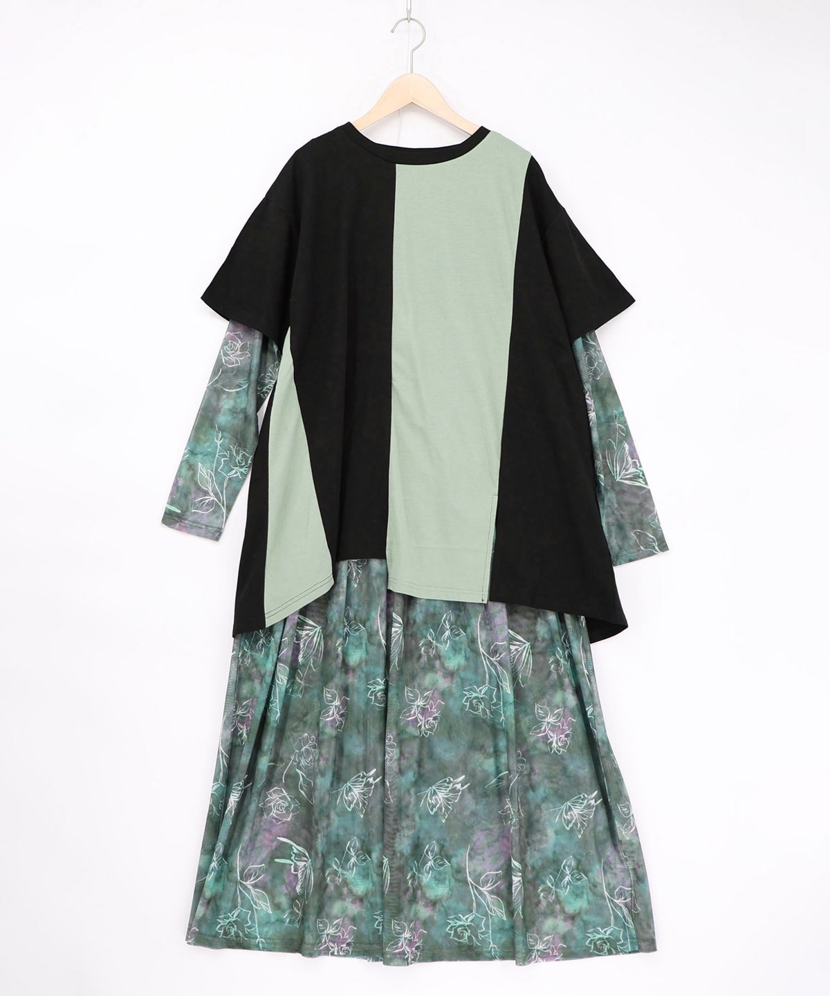 背面刺繍配色チュニック×マーブル柄ワンピセット-16