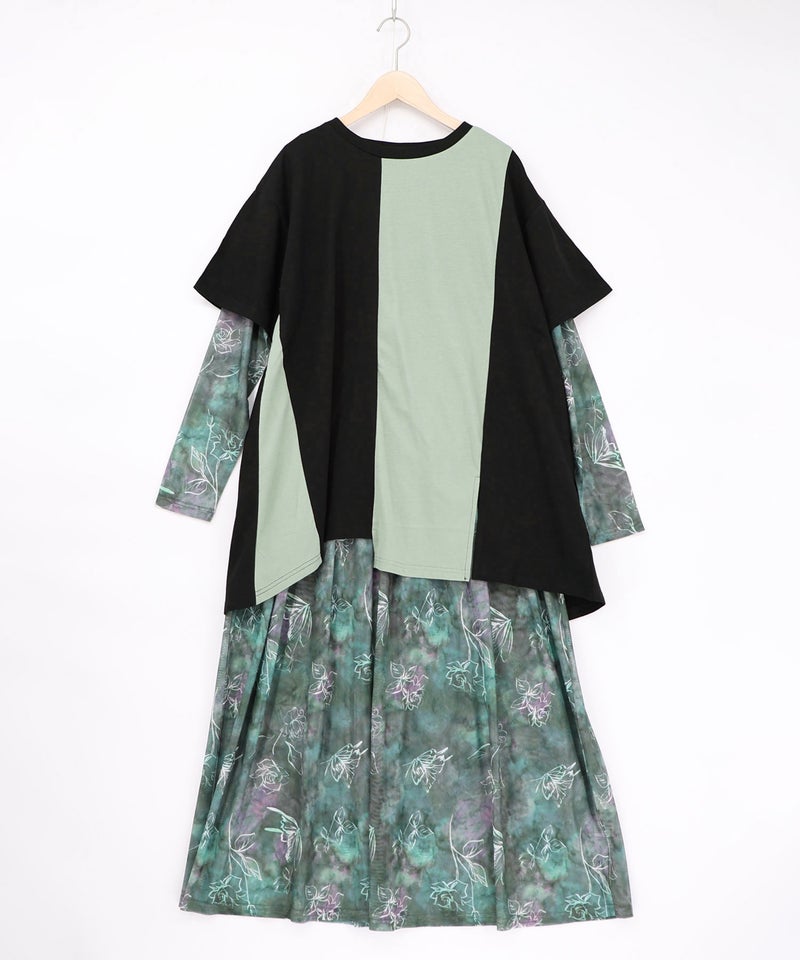 背面刺繍配色チュニック×マーブル柄ワンピセット-16