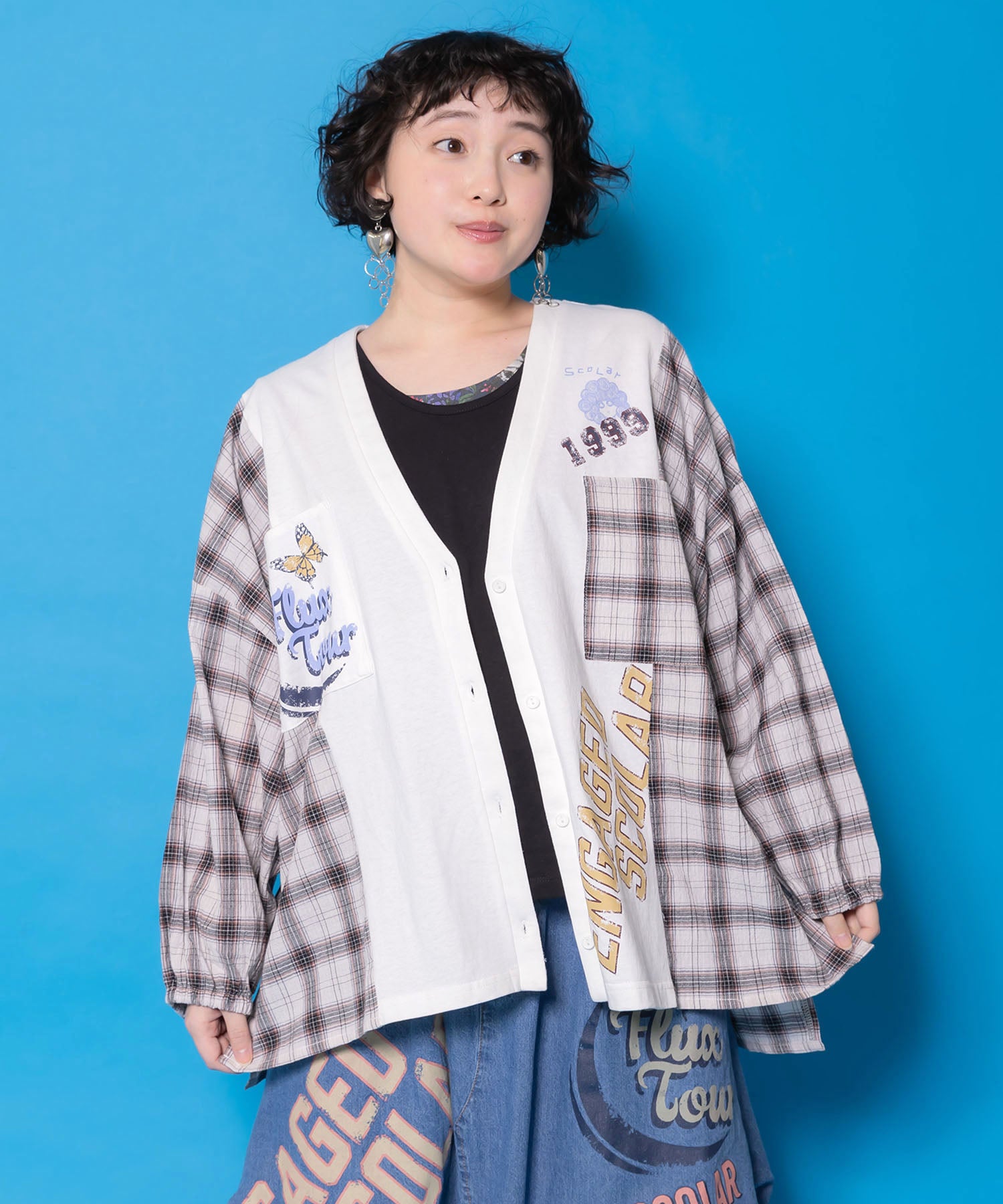 【美品✨希少】キャピタル 変形 カーディガン 小紋柄 切替デザイン コットン 161671：レトロ柄チェック切替カーディガンの通販-ScoLar