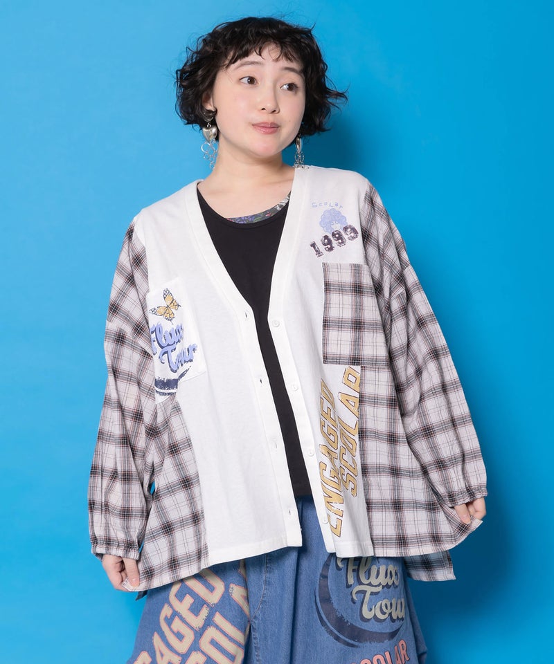 レトロ柄チェック切替カーディガン-1