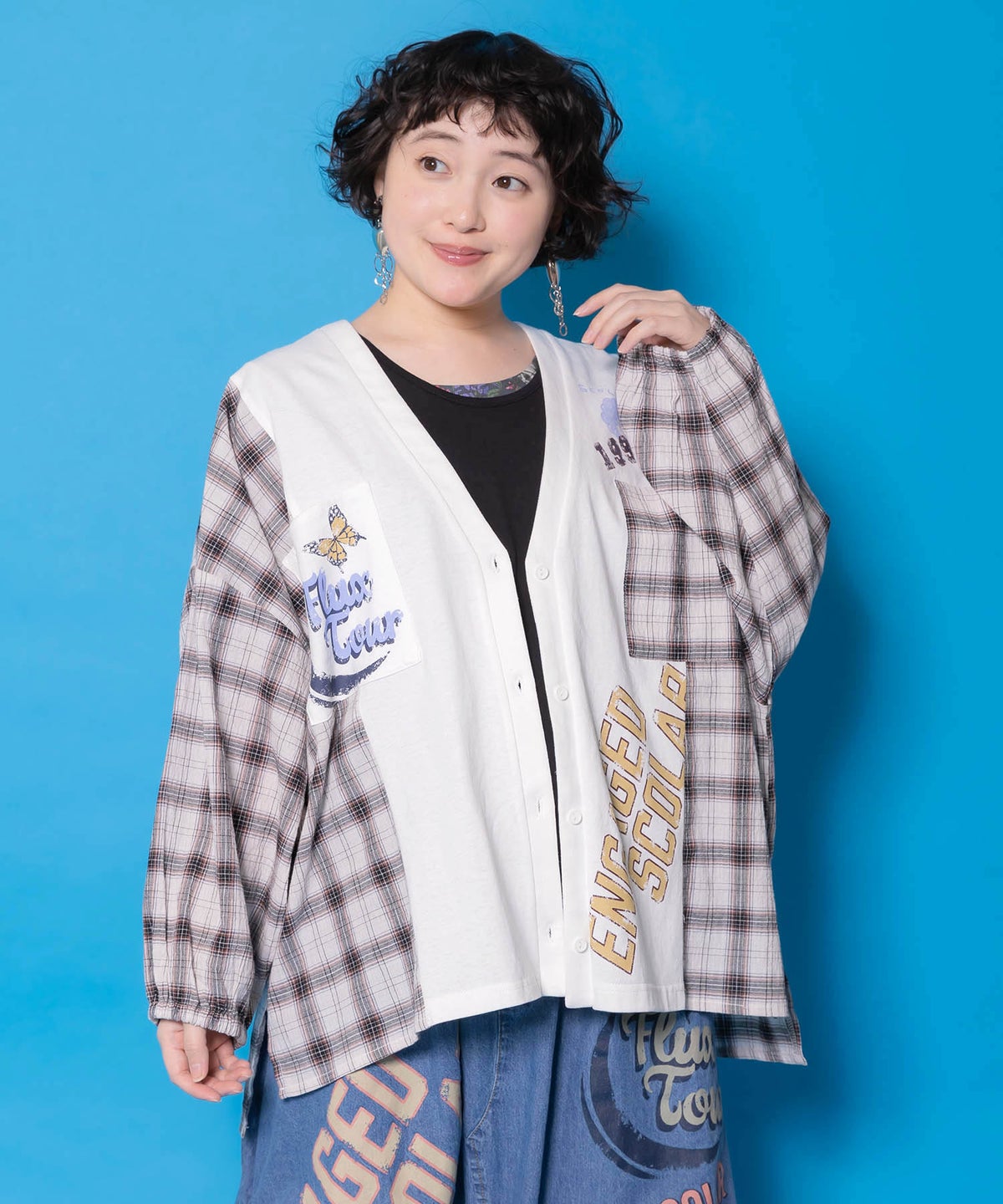 レトロ柄チェック切替カーディガン-3