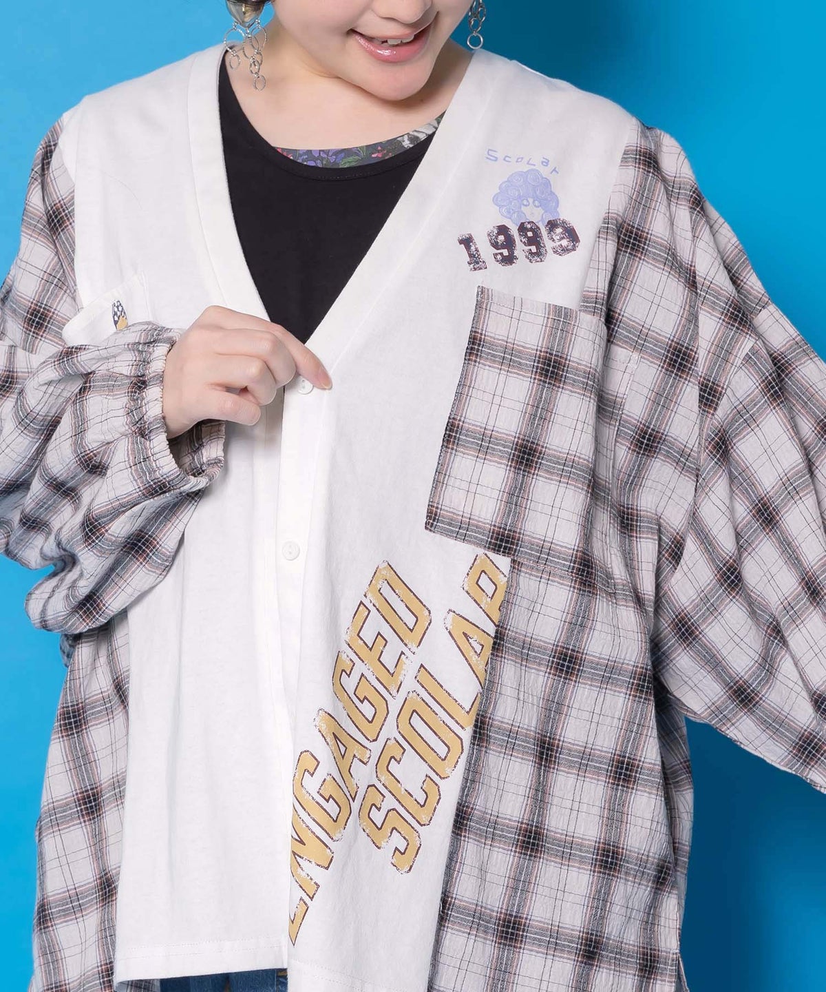 レトロ柄チェック切替カーディガン-9