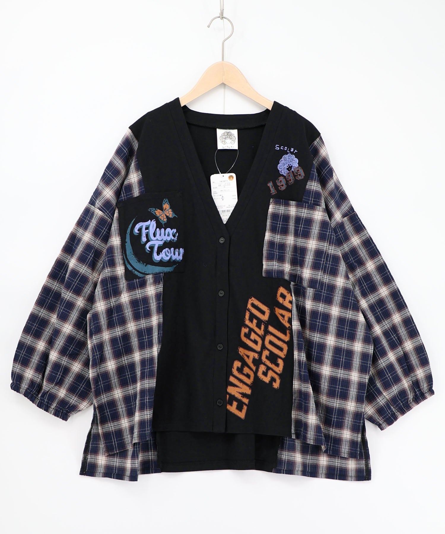 スカラー　scolar 161671：レトロ柄チェック切替カーディガン 161671：レトロ柄チェック切替カーディガンの通販-ScoLar