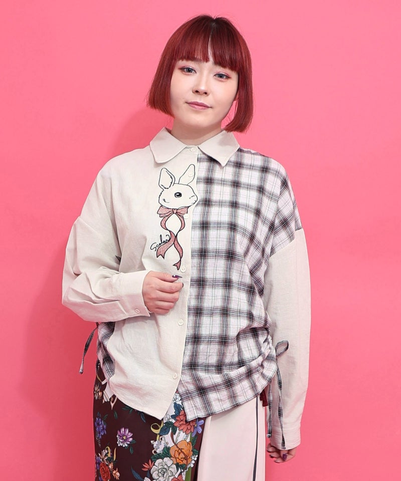 リボンウサギ刺繍チェック切替シャツ-1