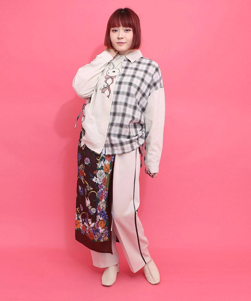 リボンウサギ刺繍チェック切替シャツ-2