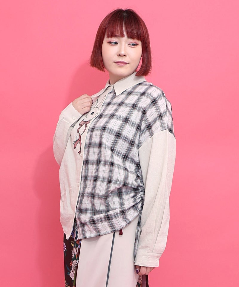 リボンウサギ刺繍チェック切替シャツ-3