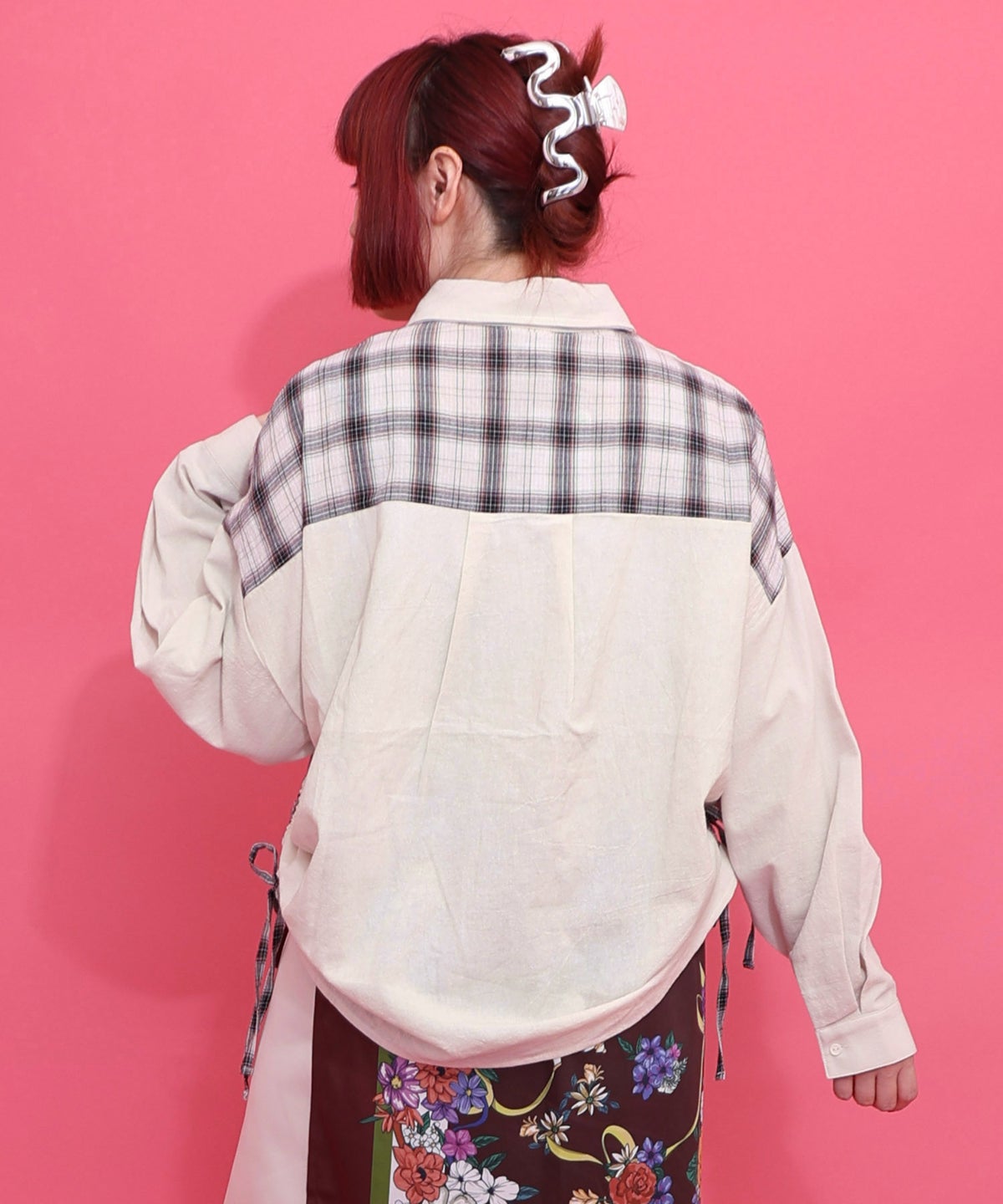 リボンウサギ刺繍チェック切替シャツ-4