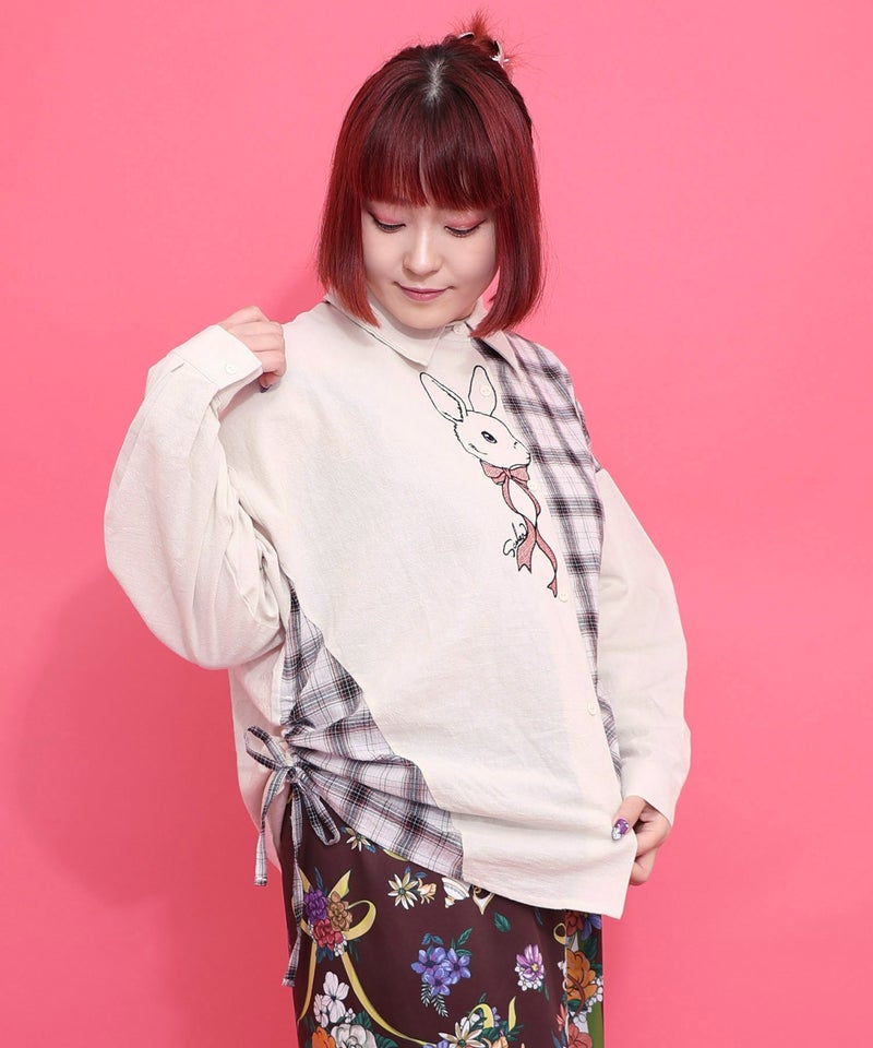 リボンウサギ刺繍チェック切替シャツ-5