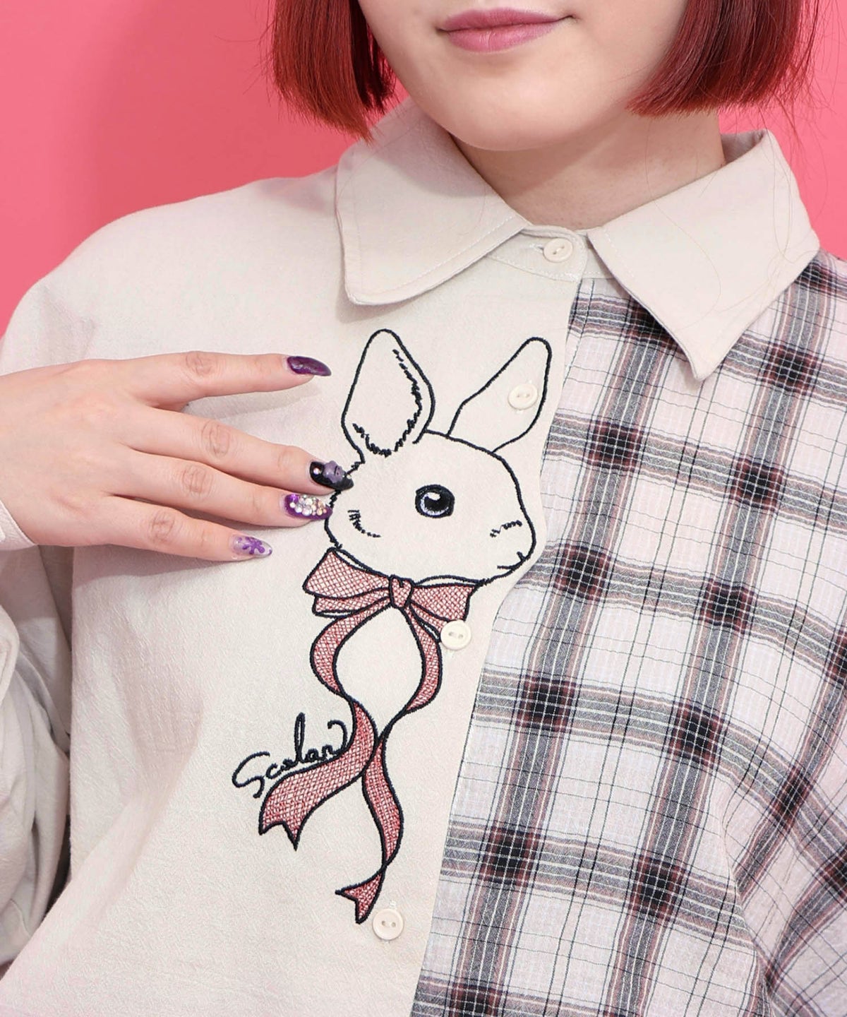 リボンウサギ刺繍チェック切替シャツ-7