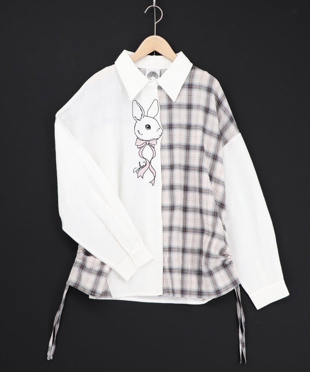 リボンウサギ刺繍チェック切替シャツ-8