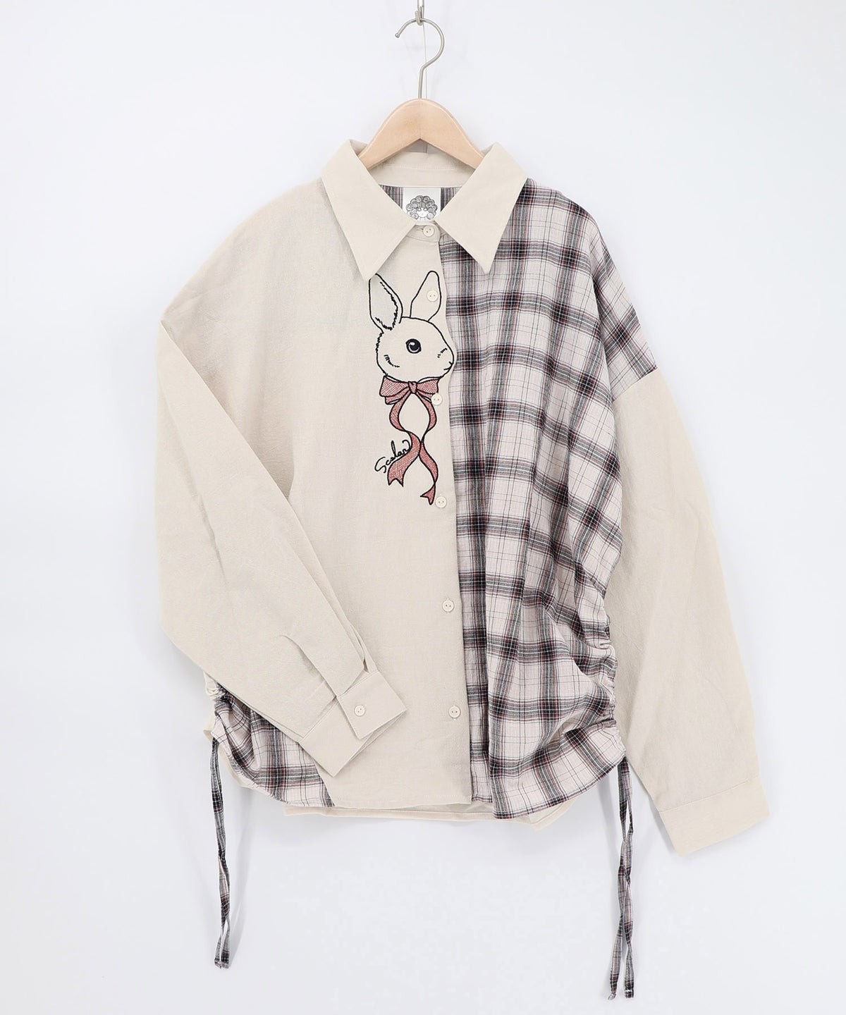 リボンウサギ刺繍チェック切替シャツ-11