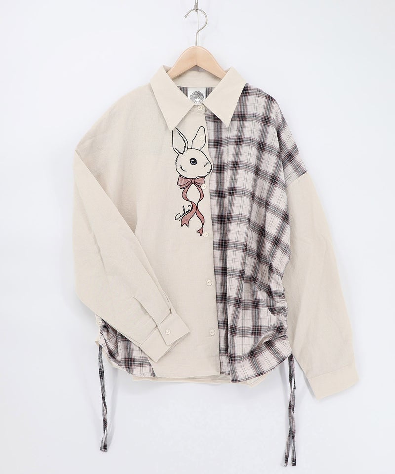 リボンウサギ刺繍チェック切替シャツ-11