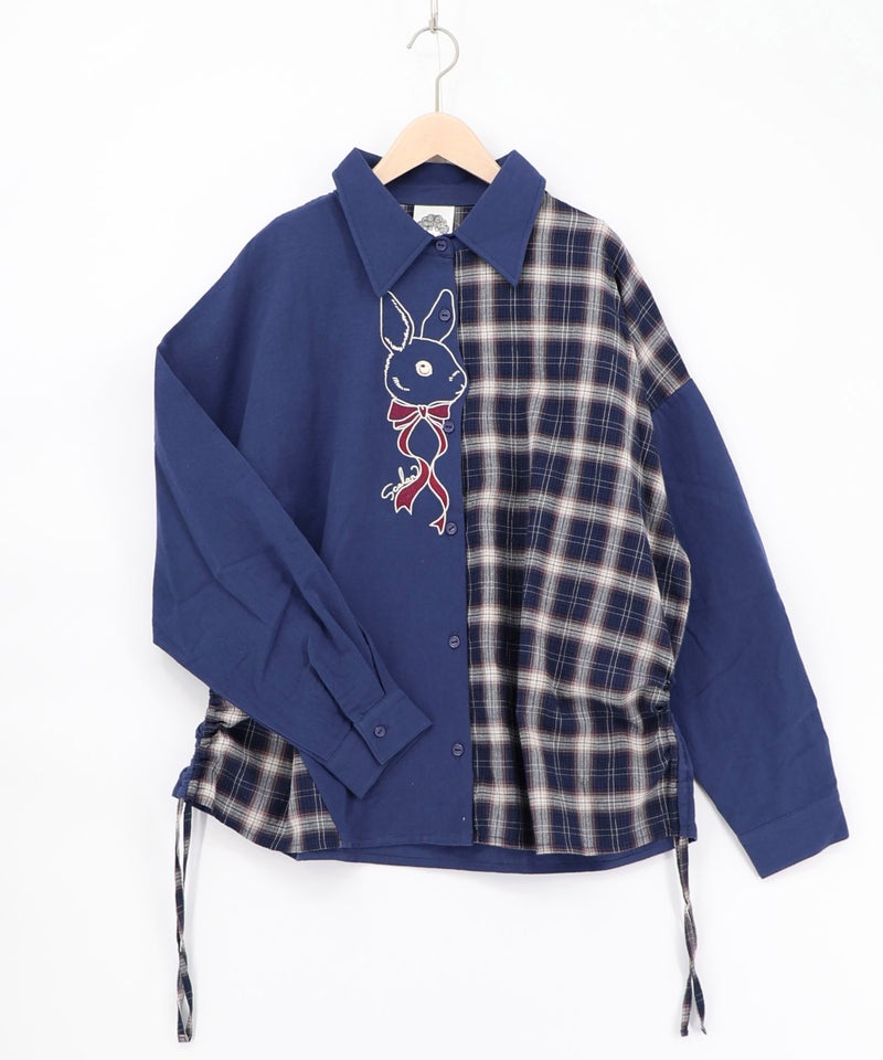 リボンウサギ刺繍チェック切替シャツ-14