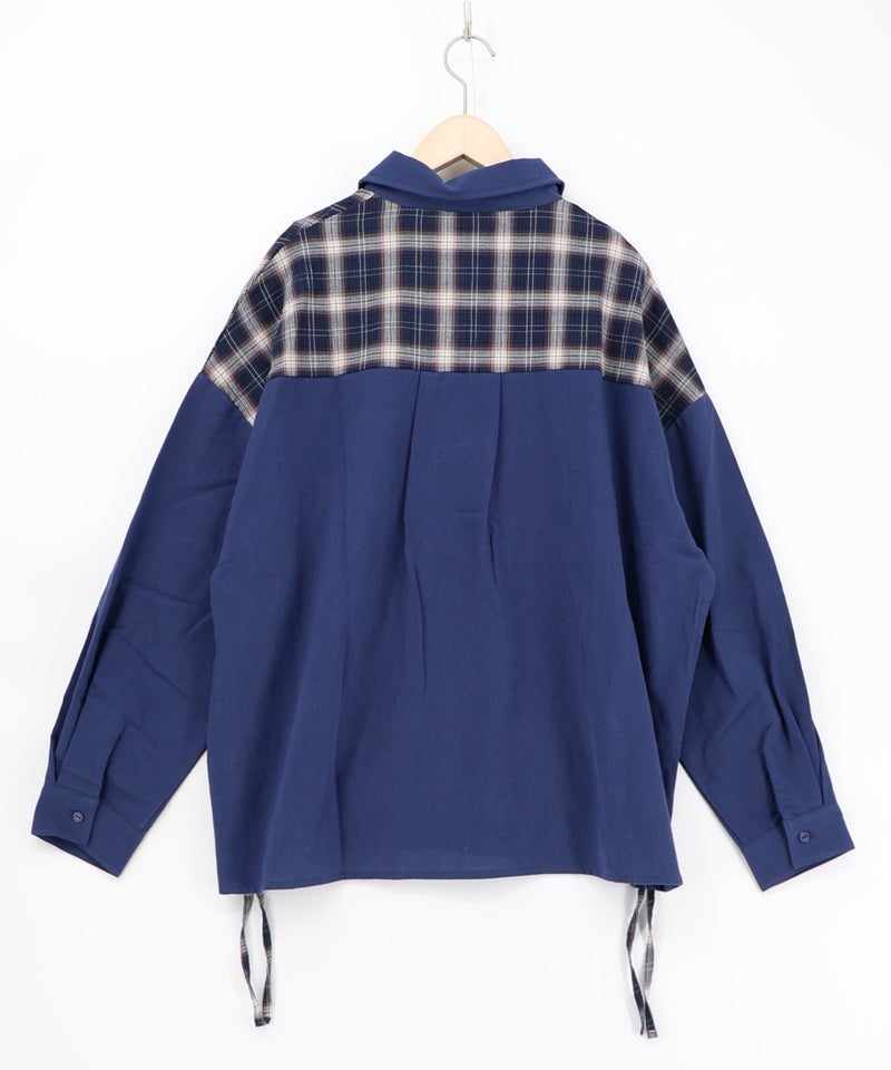 リボンウサギ刺繍チェック切替シャツ-15