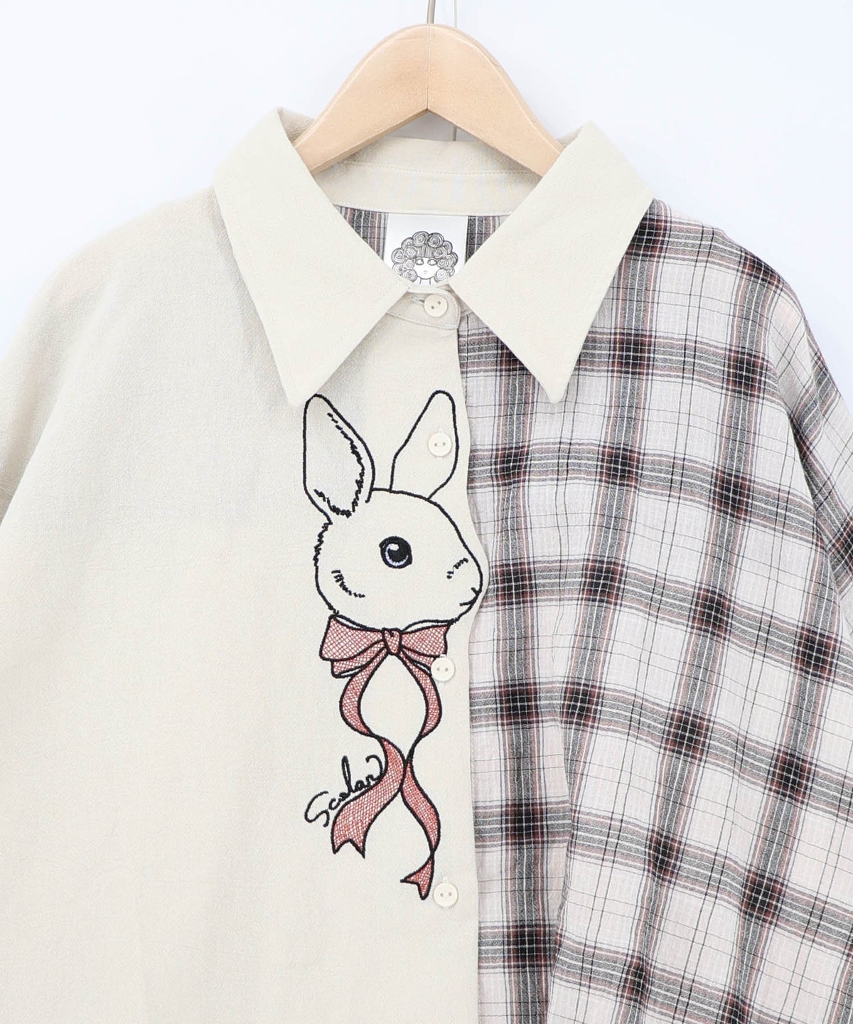 リボンウサギ刺繍チェック切替シャツ-17