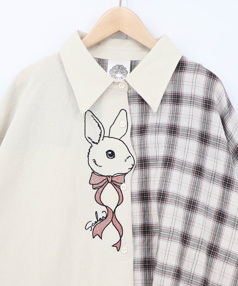 リボンウサギ刺繍チェック切替シャツ-17