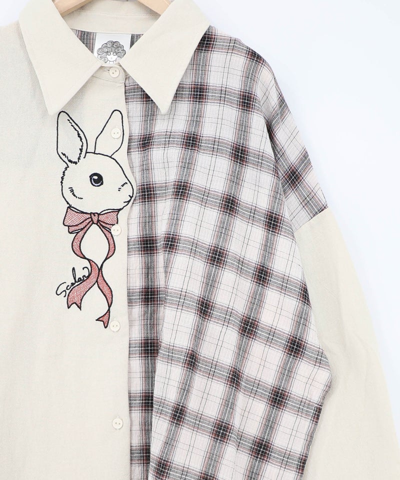 リボンウサギ刺繍チェック切替シャツ-18