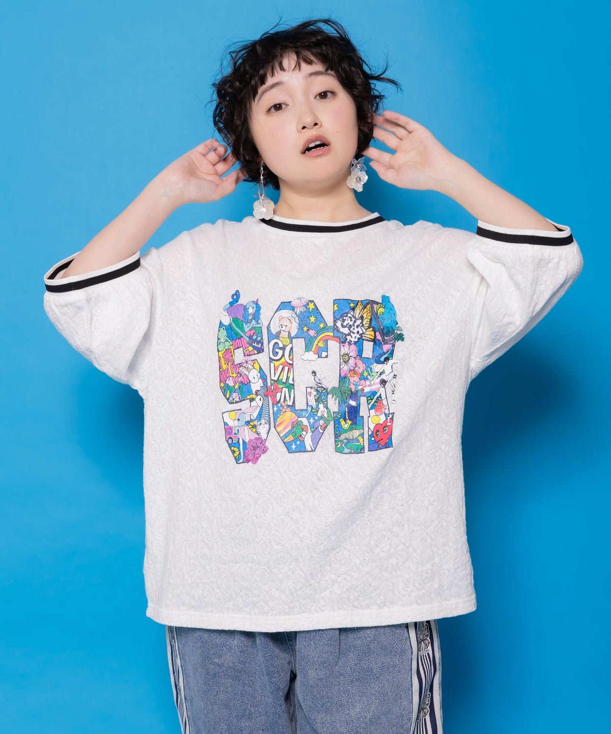 カラフルポップ柄ローズジャガードTシャツ-1
