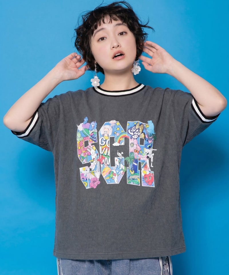 カラフルポップ柄ローズジャガードTシャツ-1