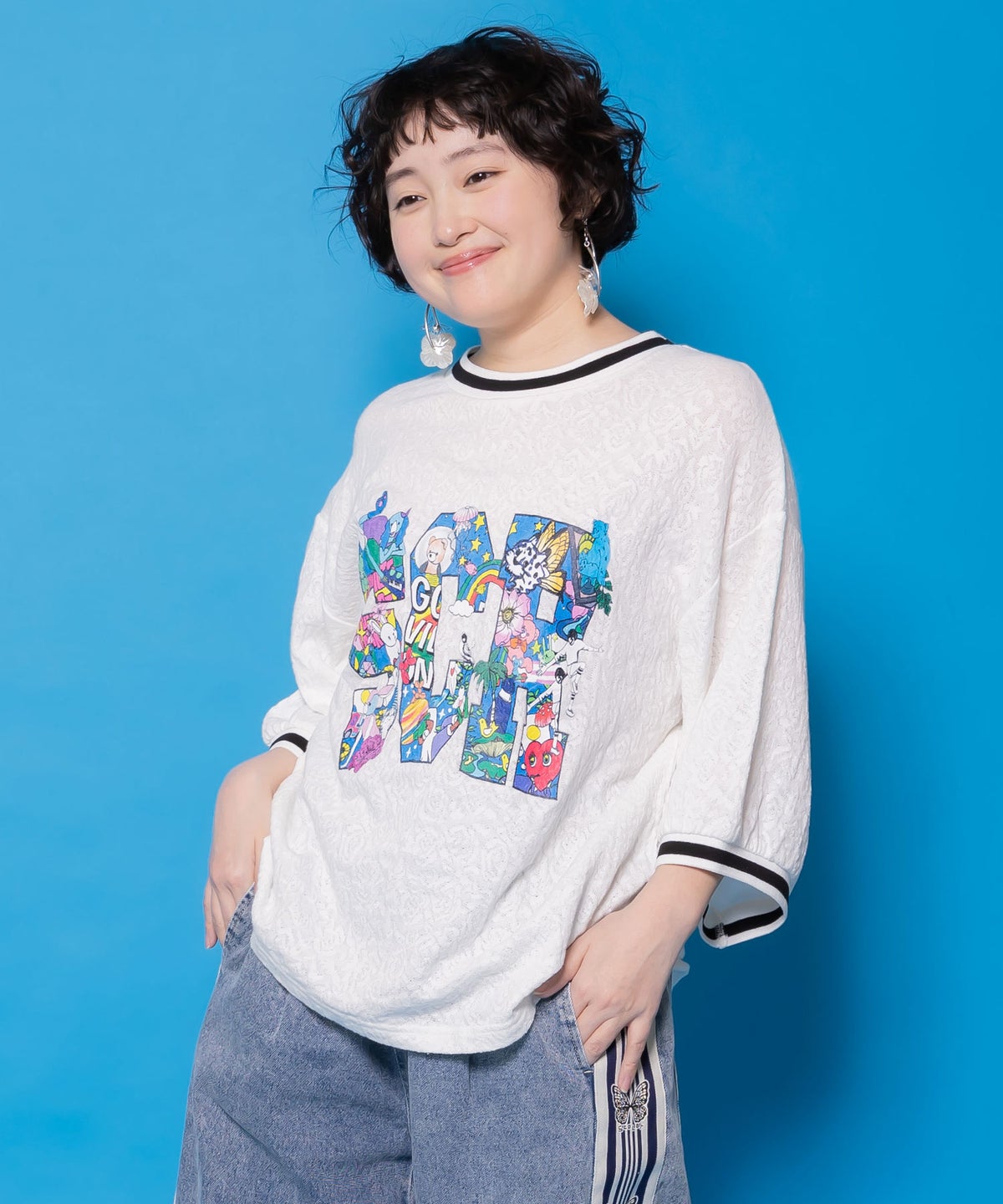 カラフルポップ柄ローズジャガードTシャツ-3