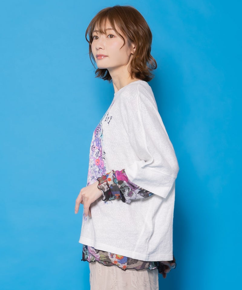 水彩タッチ花蝶プリントTシャツ-5