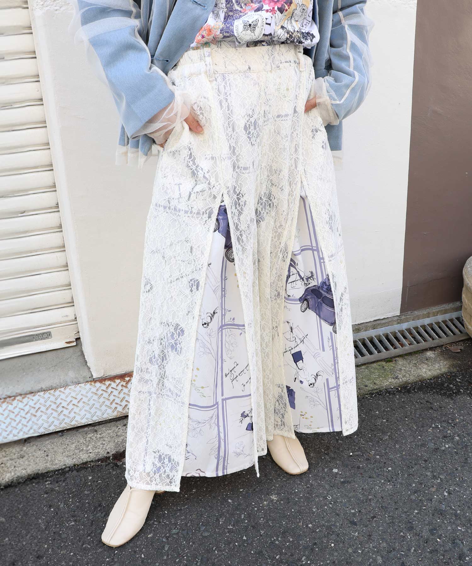 561223：スリット入り刺繍レース重ね アンティーク柄パンツの通販-ScoLar