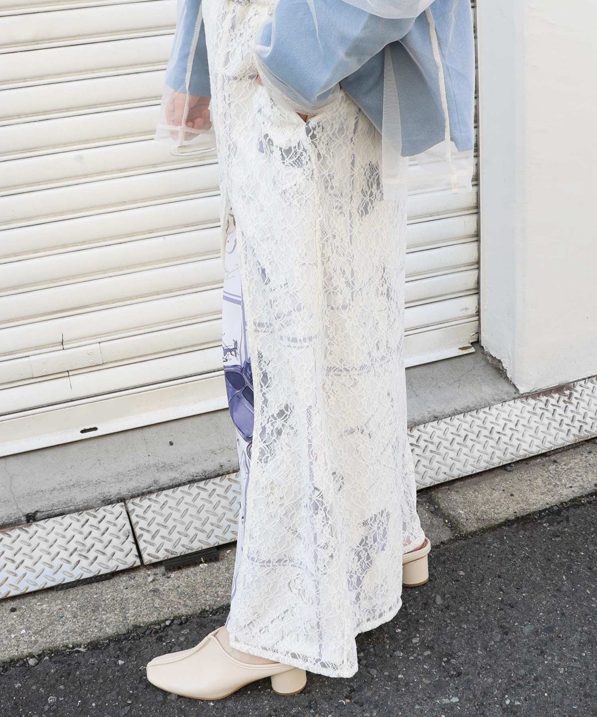 スリット入り刺繍レース重ね アンティーク柄パンツ-2