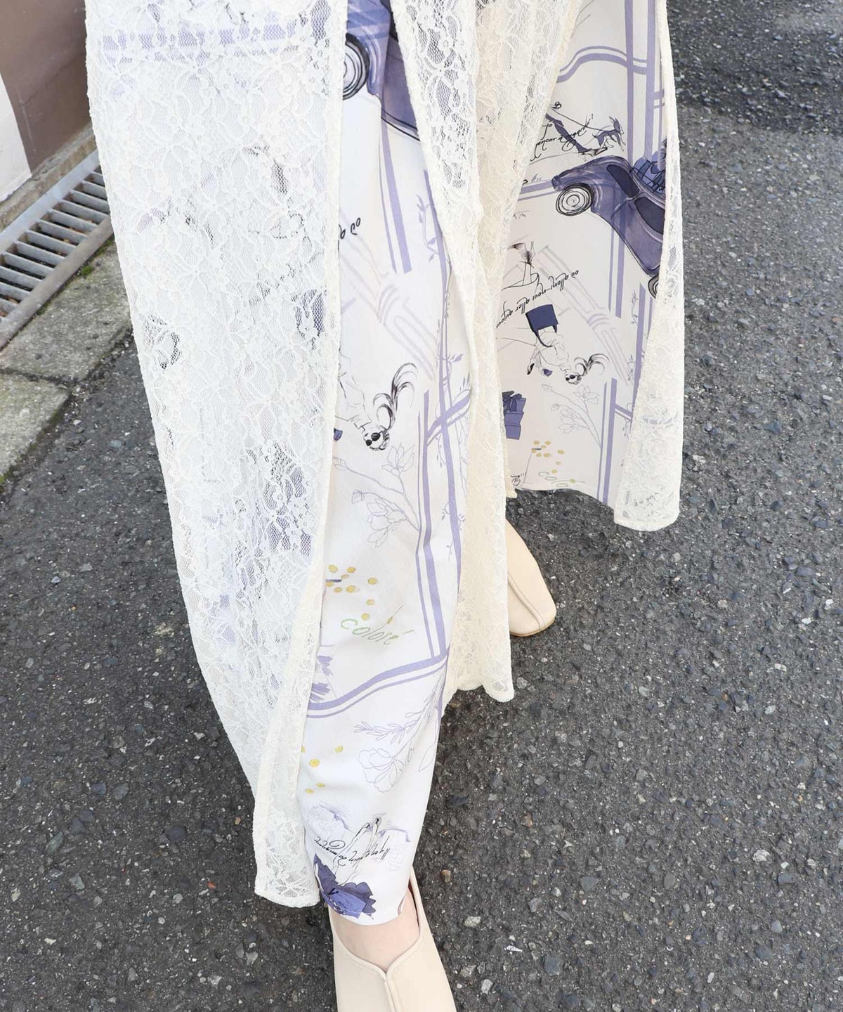 スリット入り刺繍レース重ね アンティーク柄パンツ-4