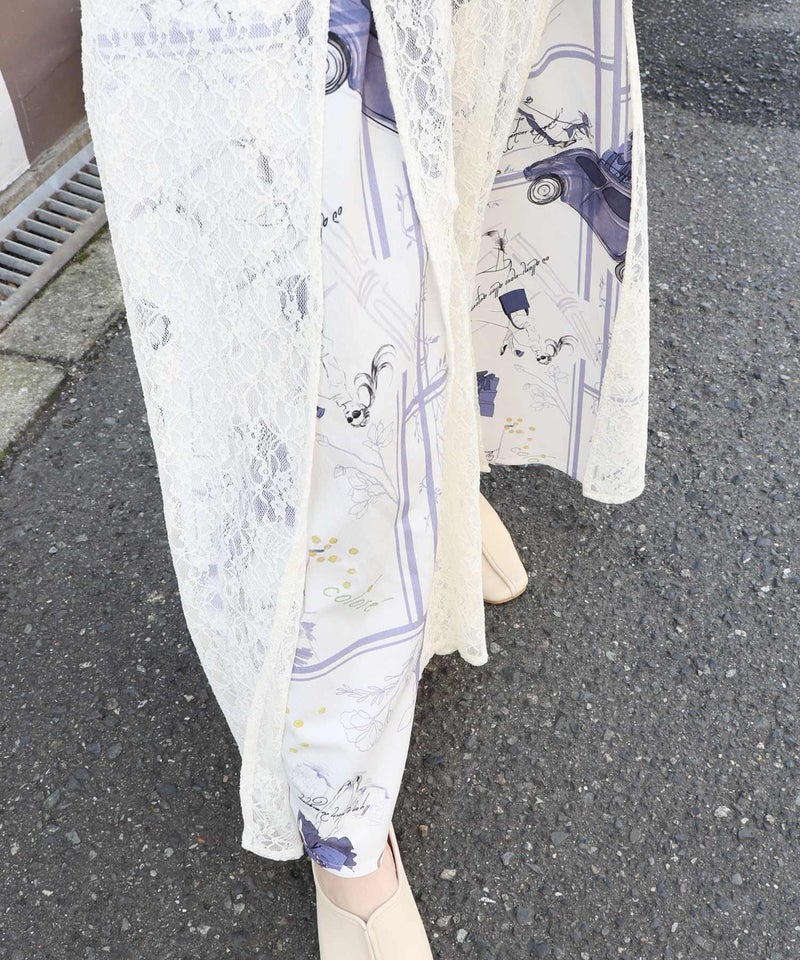 スリット入り刺繍レース重ね アンティーク柄パンツ-4