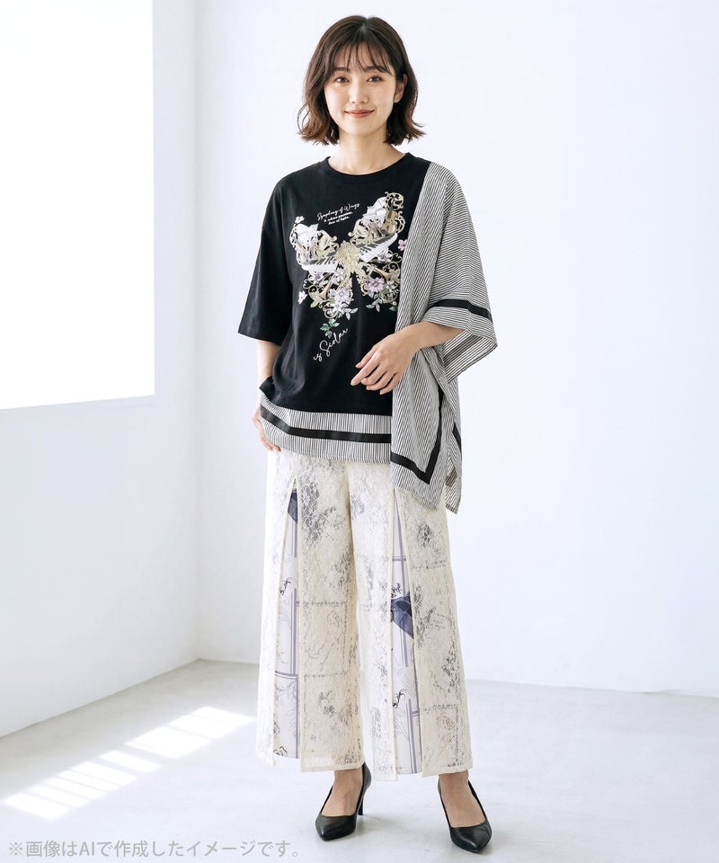 スリット入り刺繍レース重ね アンティーク柄パンツ-5