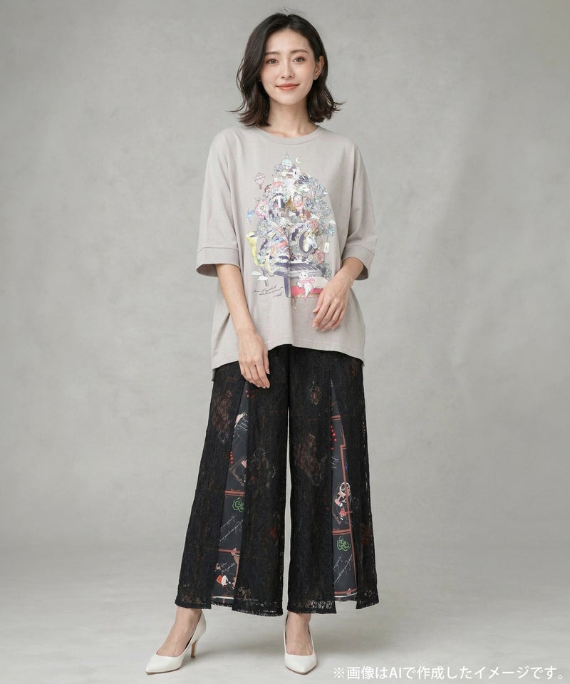 スリット入り刺繍レース重ね アンティーク柄パンツ-8