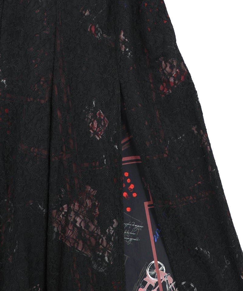 スリット入り刺繍レース重ね アンティーク柄パンツ-14