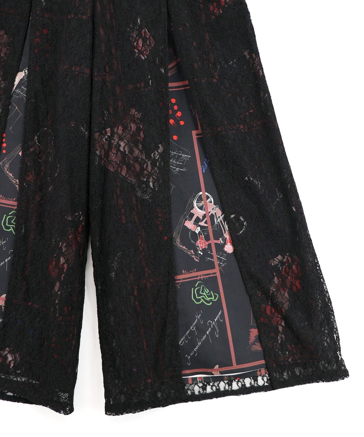 スリット入り刺繍レース重ね アンティーク柄パンツ-15