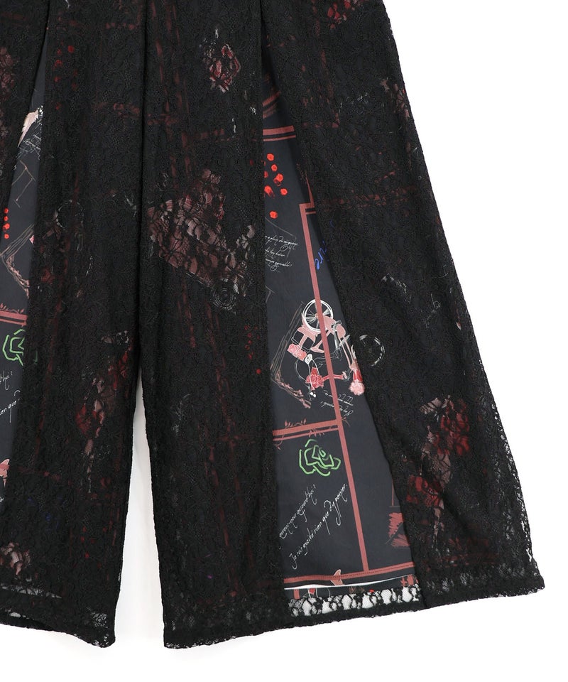 スリット入り刺繍レース重ね アンティーク柄パンツ-15