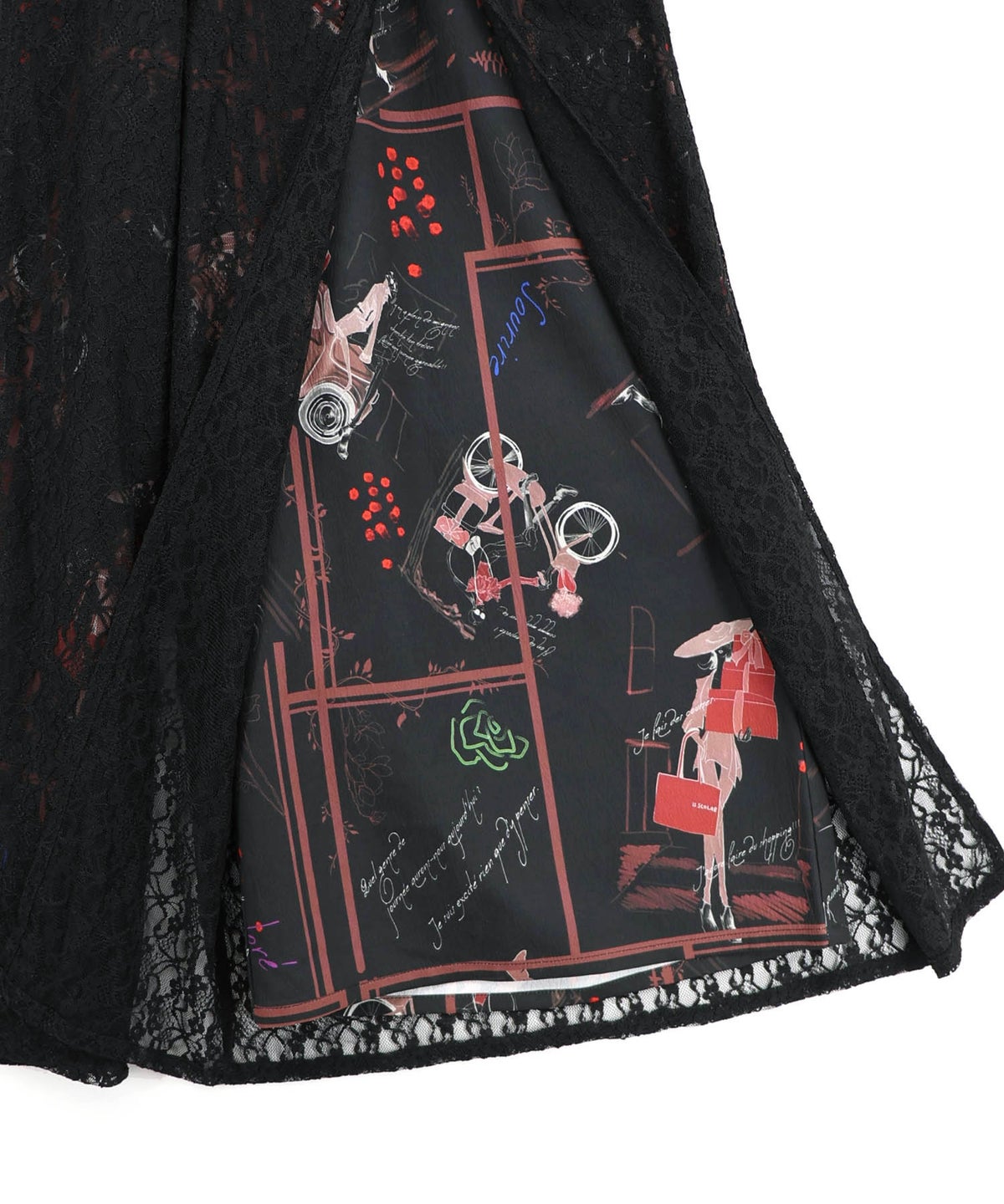 スリット入り刺繍レース重ね アンティーク柄パンツ-16