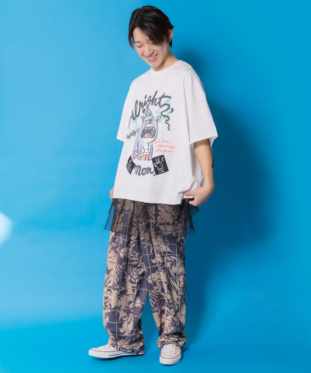 夜更かしガブ 裾メッシュ切替Tシャツ-3