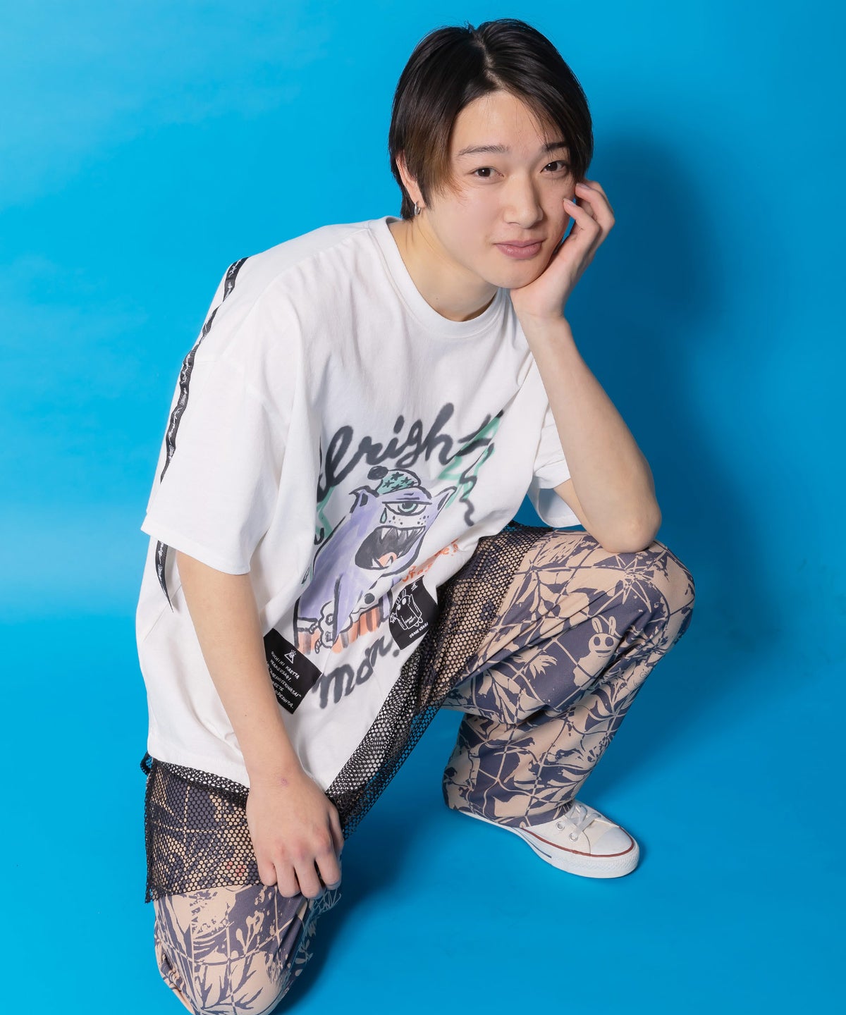 夜更かしガブ 裾メッシュ切替Tシャツ-7