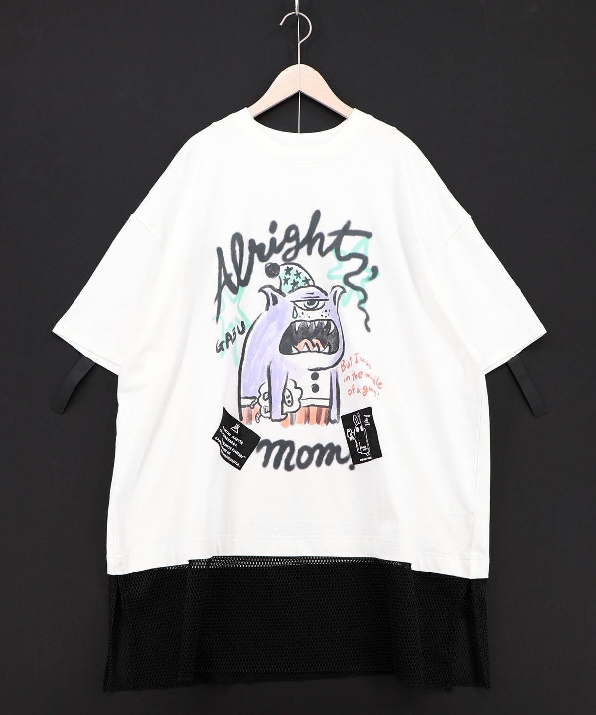 夜更かしガブ 裾メッシュ切替Tシャツ-9