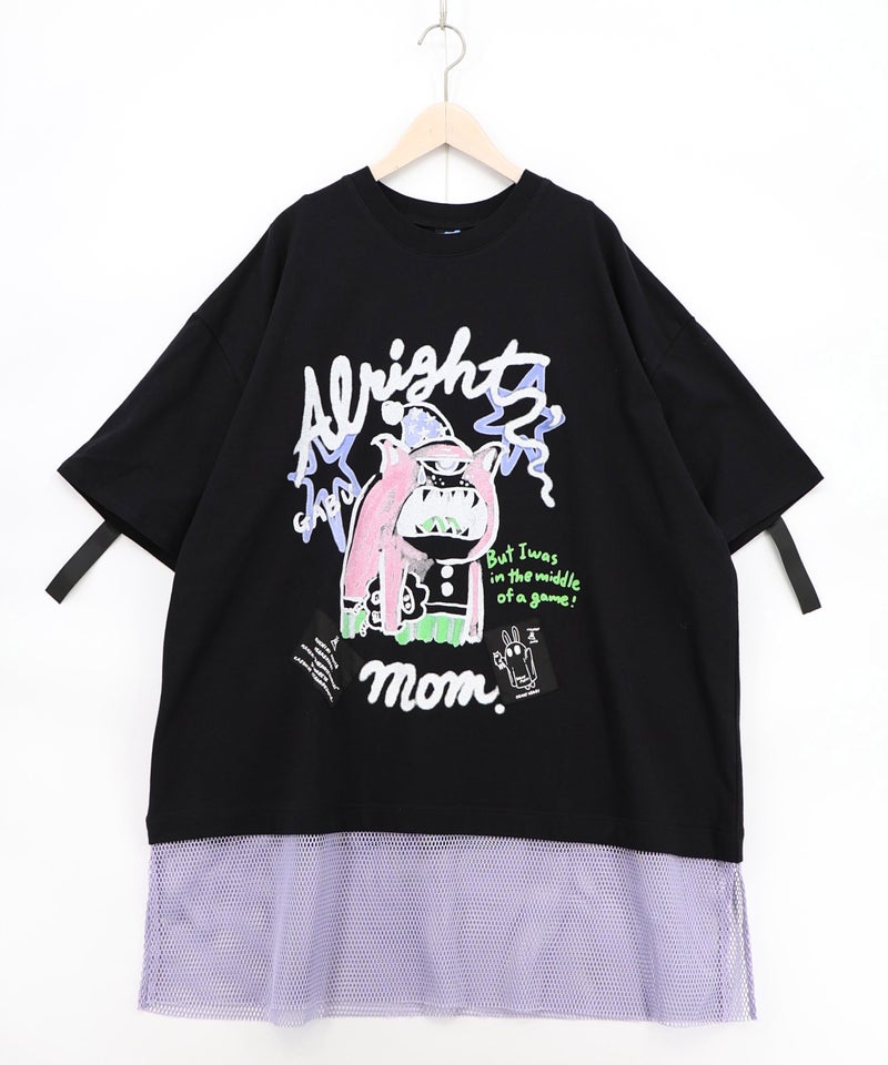 夜更かしガブ 裾メッシュ切替Tシャツ-12
