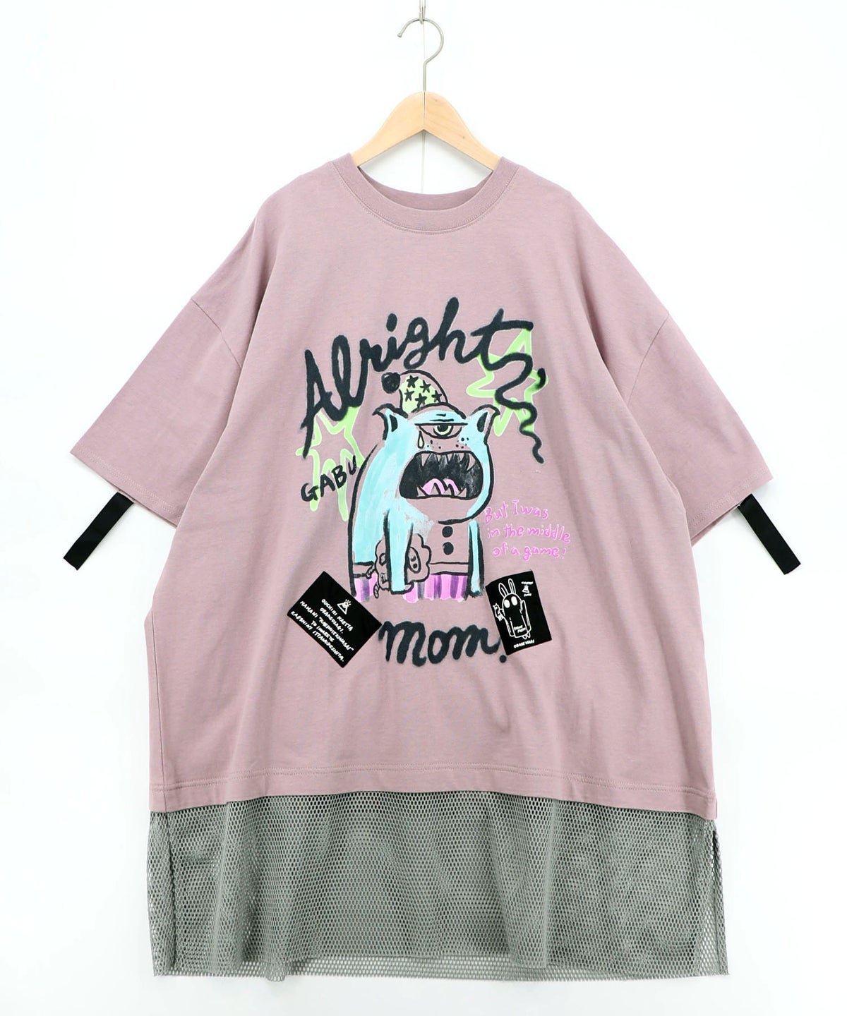 夜更かしガブ 裾メッシュ切替Tシャツ-15