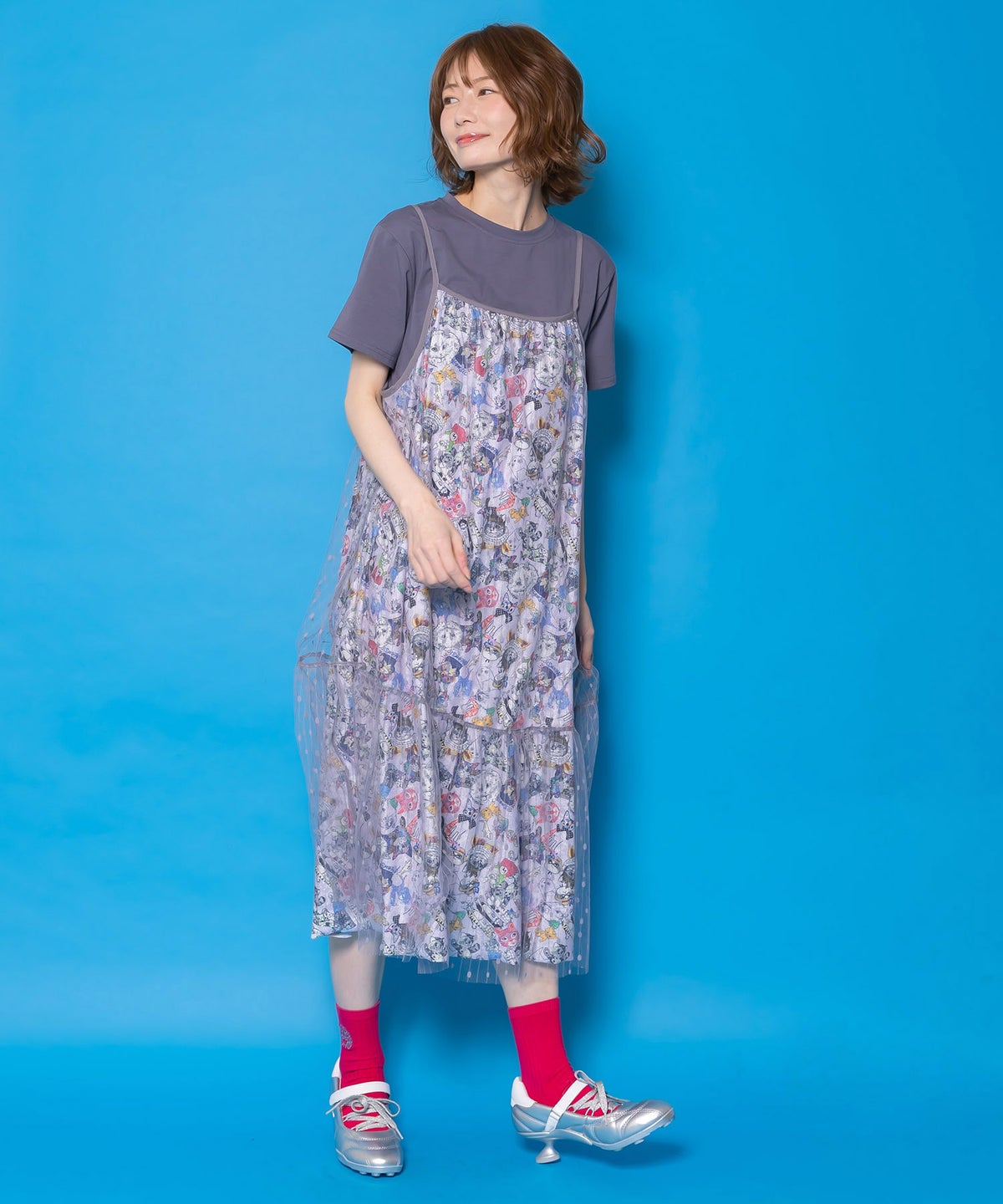 総柄ベロア×ストライプ柄チュールキャミワンピ-1