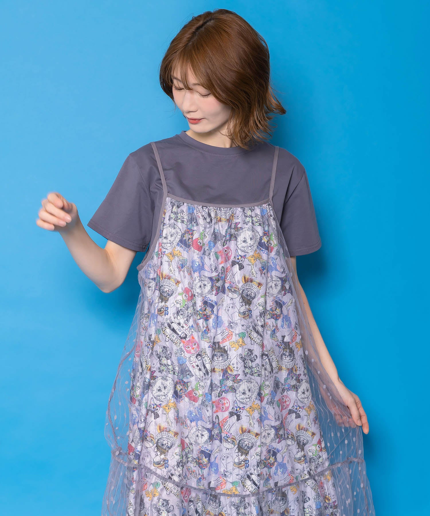 ヒス、カラフル総柄キャミ更にお値下げ！！ 161666：総柄ベロア×ストライプ柄チュールキャミワンピの通販-ScoLar トップス