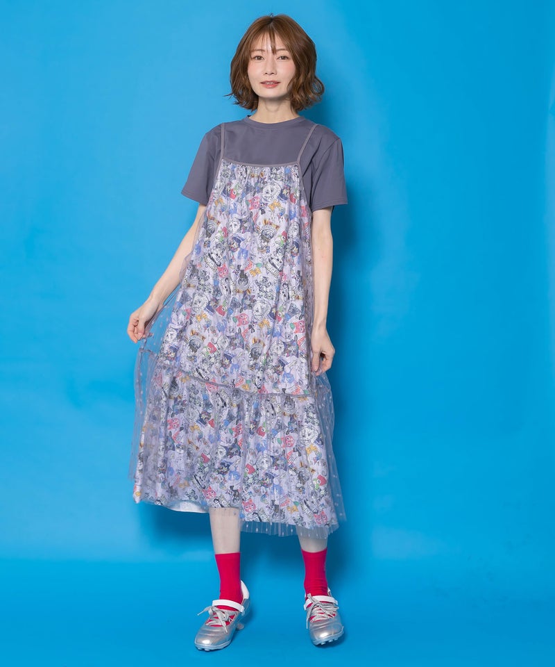 総柄ベロア×ストライプ柄チュールキャミワンピ-3